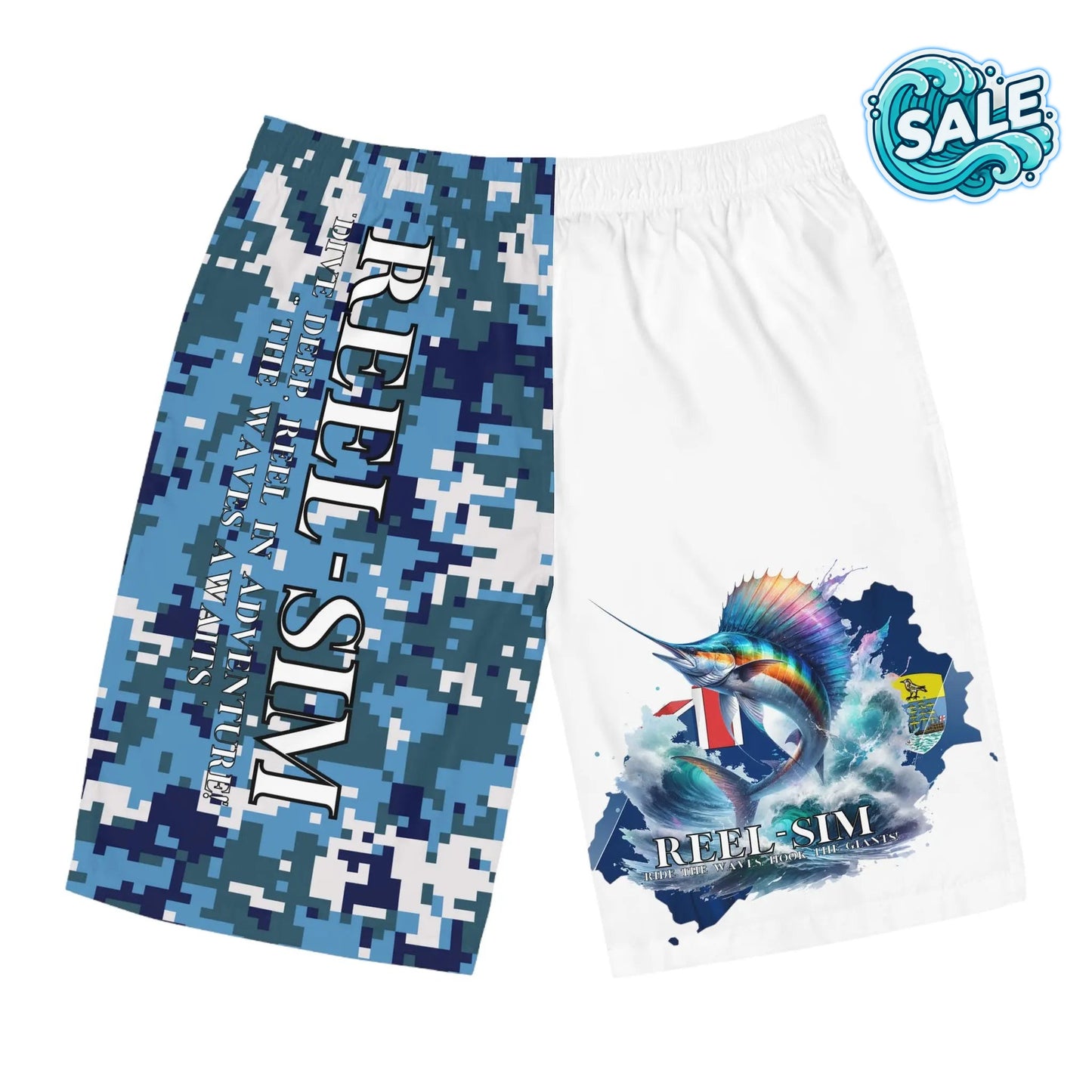 Reel Sim Men's Board Shorts (Blue Camo) - Simply Saint Designz