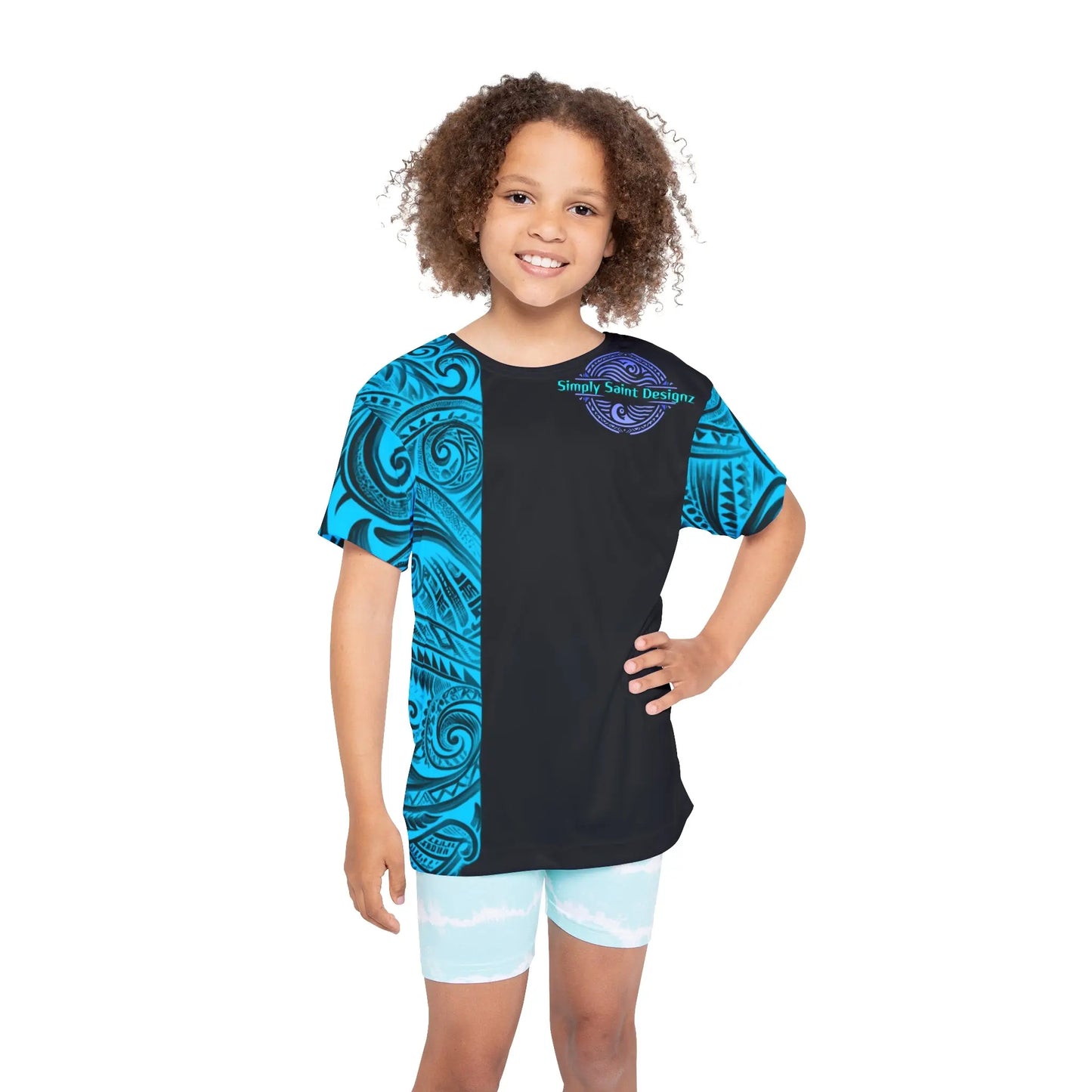 Youth Blue Polynesian Style T-Shirt by Simply Saint Designz - Tribal Elegance Collection" - Simply Saint Designz