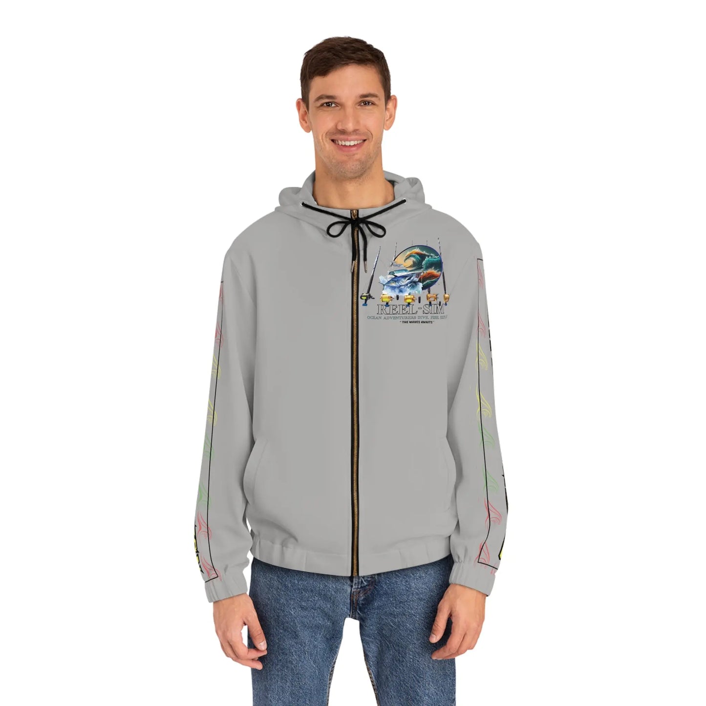 Reel Sim Men's Full-Zip Hoodie: Customized All-Over Print for Personalized, Trendy, and Stylish Outdoor Fashion - Simply Saint Designz