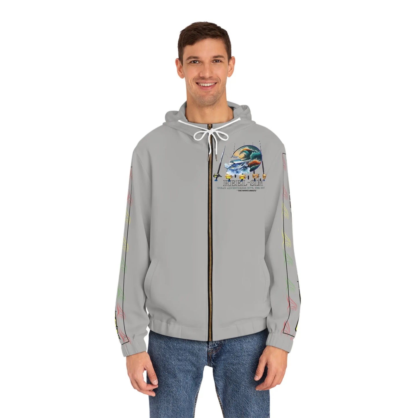 Reel Sim Men's Full-Zip Hoodie: Customized All-Over Print for Personalized, Trendy, and Stylish Outdoor Fashion - Simply Saint Designz