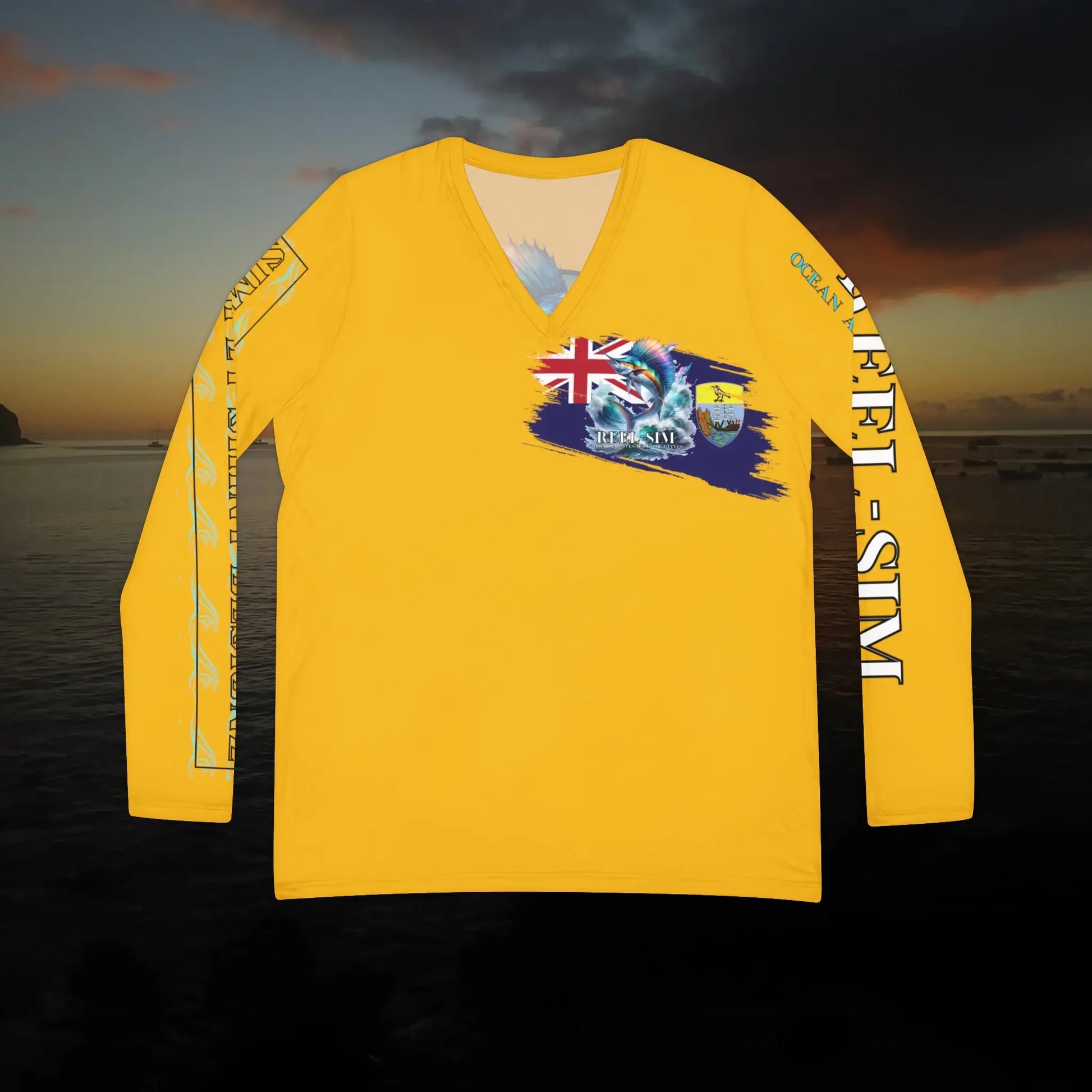 Fishing Chic: Women's V-Neck Long Sleeve Shirt Yellow - Simply Saint Designz