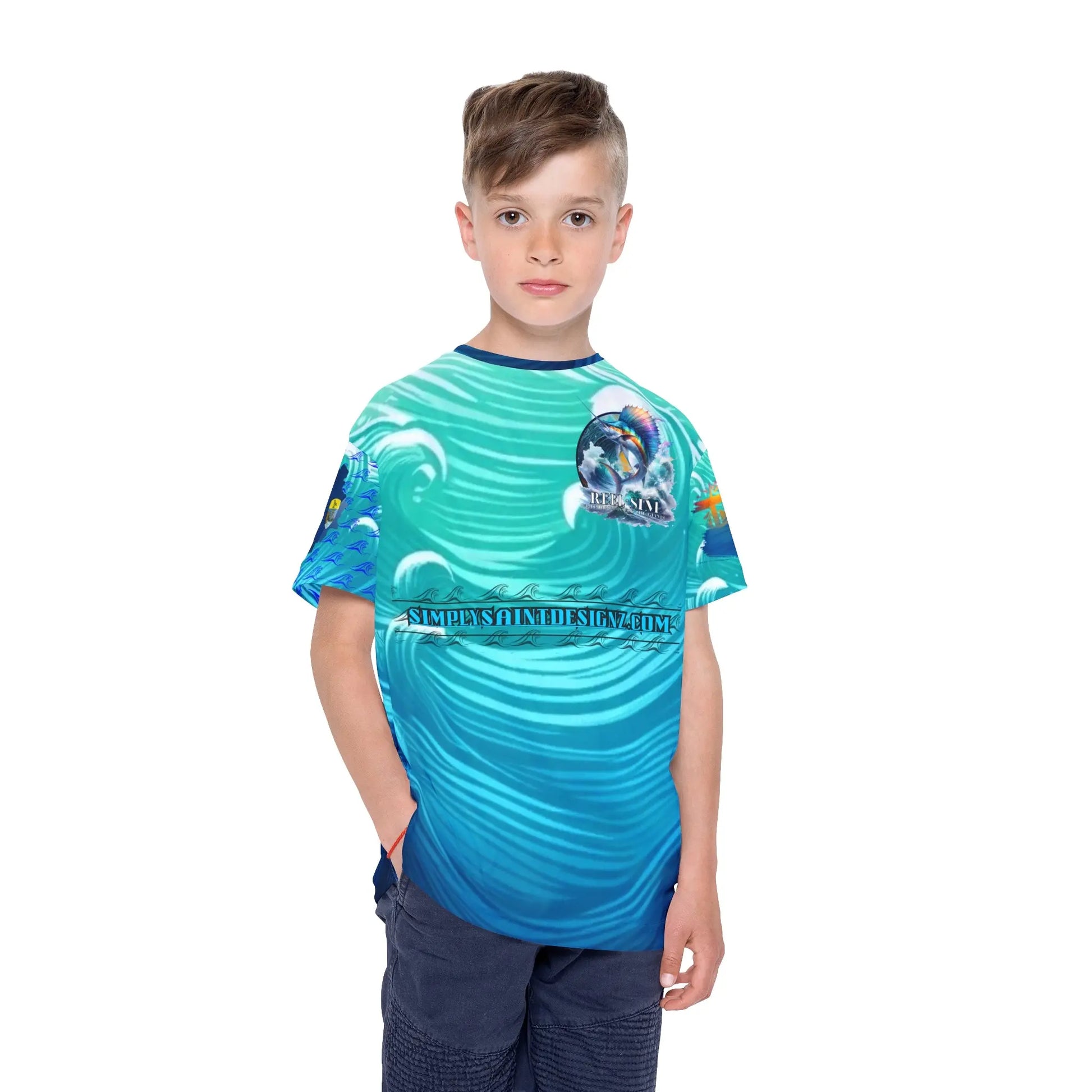 Reel Sim Kids Sports Jersey (AOP) (Aqua Blue) - Simply Saint Designz