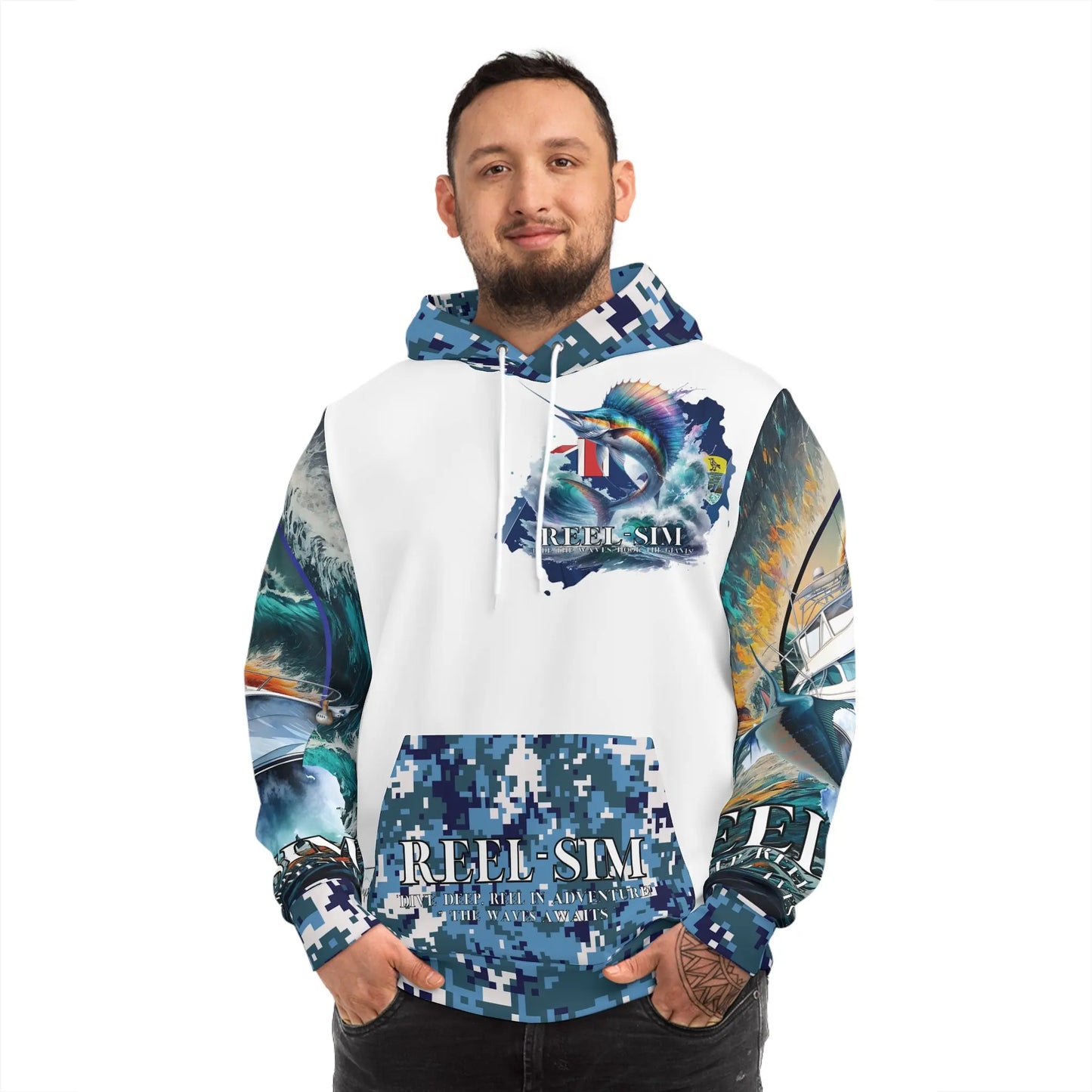 Reel Sim St. Helena Fishing Hoodie: Elevate Your Angler Style with Fashionable All-Over Print Design - Simply Saint Designz