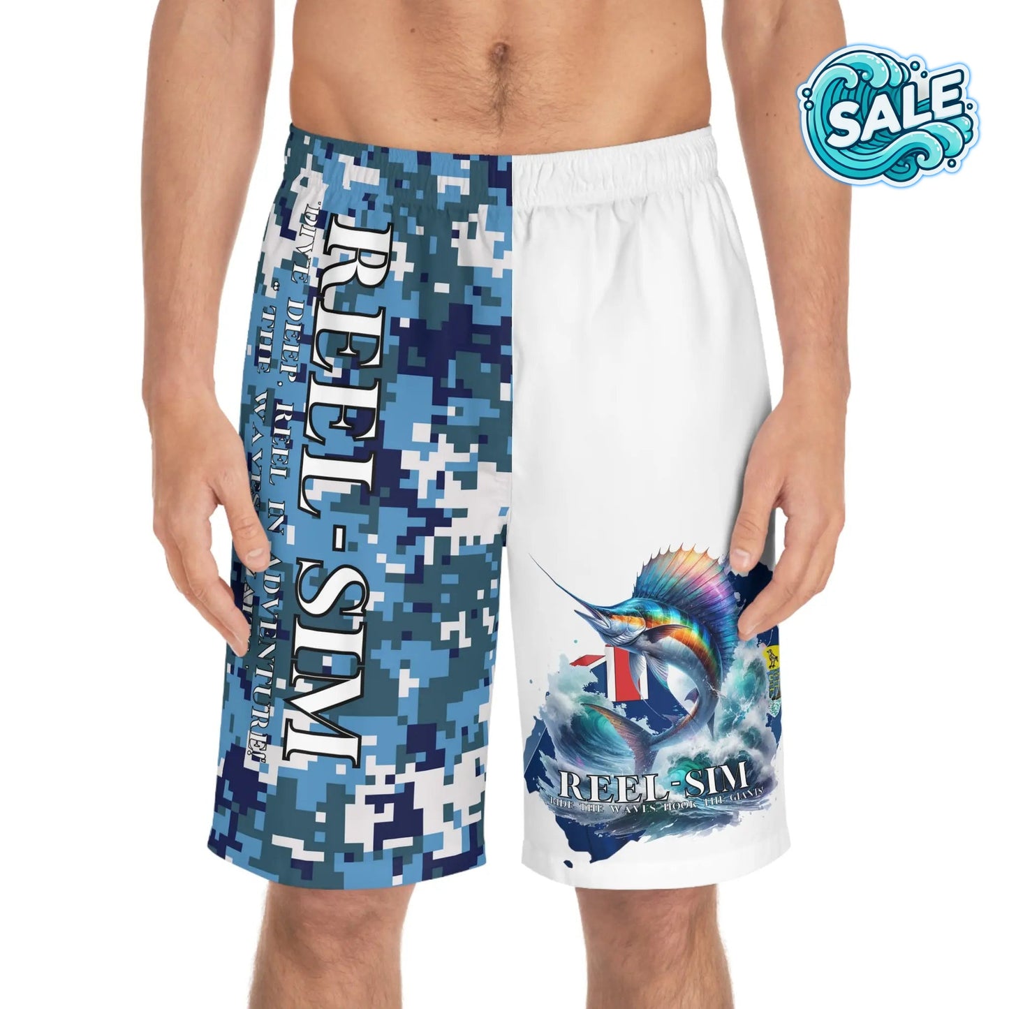 Reel Sim Men's Board Shorts (Blue Camo) - Simply Saint Designz