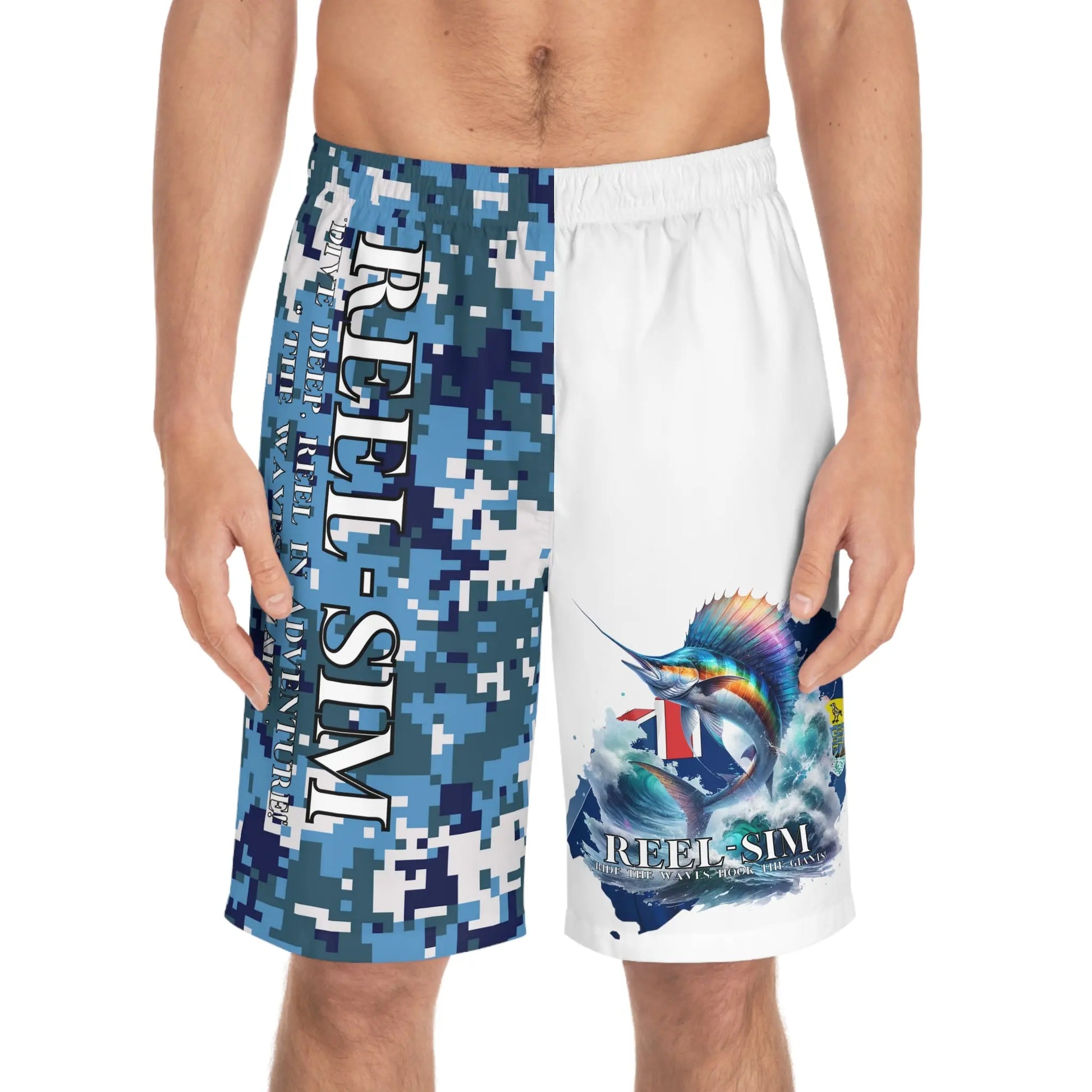 Reel Sim Men's Board Shorts (Blue Camo) - Simply Saint Designz