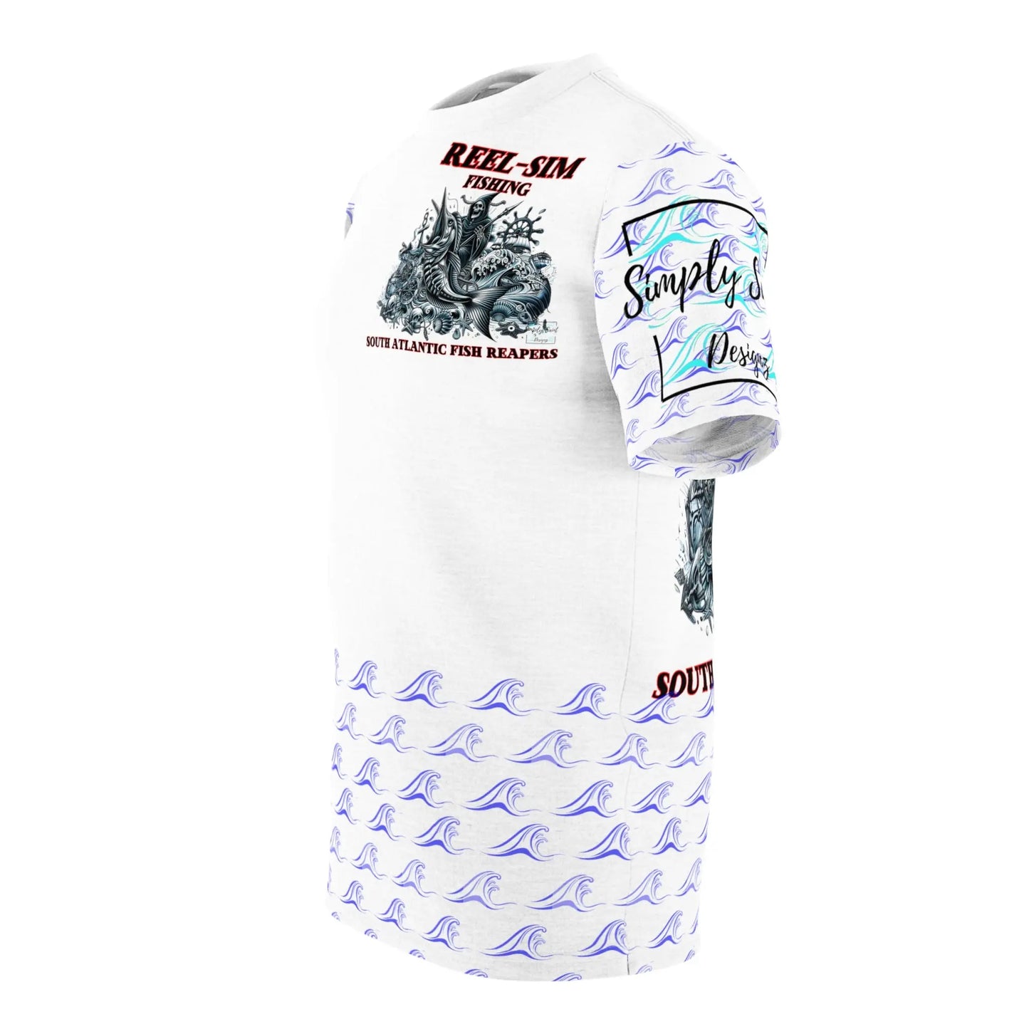 Reel Sim S.O.A Fish Reapers Unisex Cut & Sew Tee (AOP) (blue Wave) - Simply Saint Designz