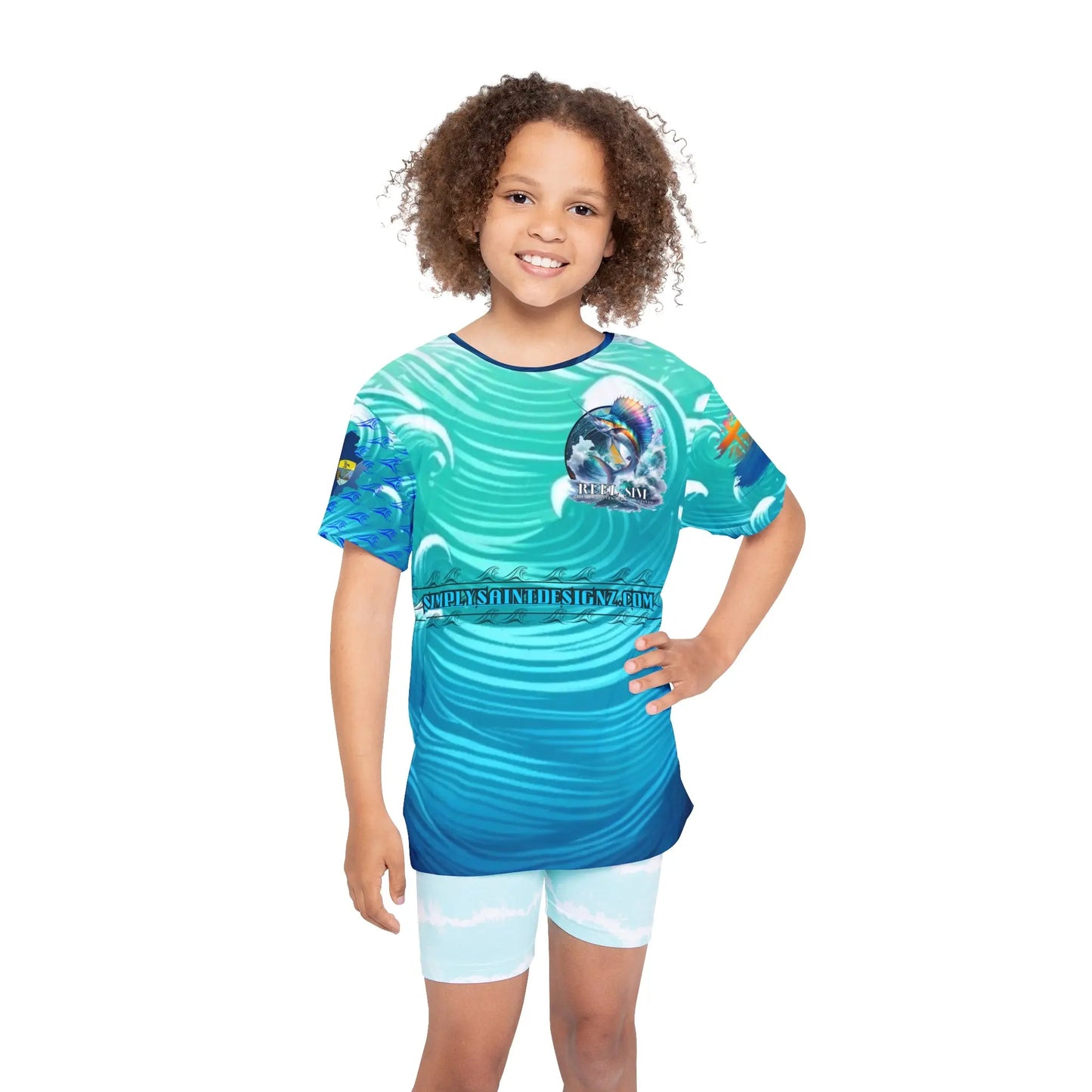 Reel Sim Kids Sports Jersey (AOP) (Aqua Blue) - Simply Saint Designz