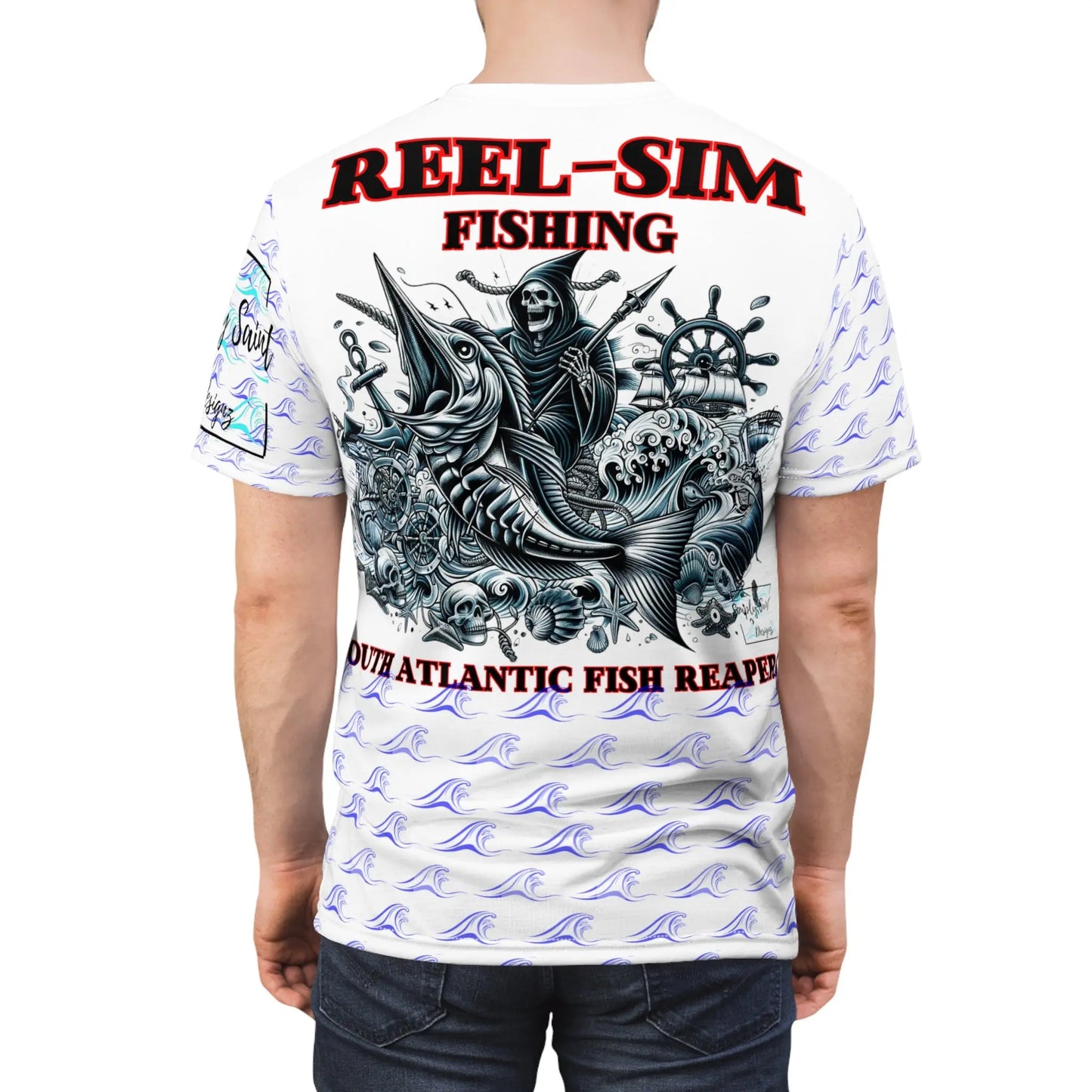 Reel Sim S.O.A Fish Reapers Unisex Cut & Sew Tee (AOP) (blue Wave) - Simply Saint Designz